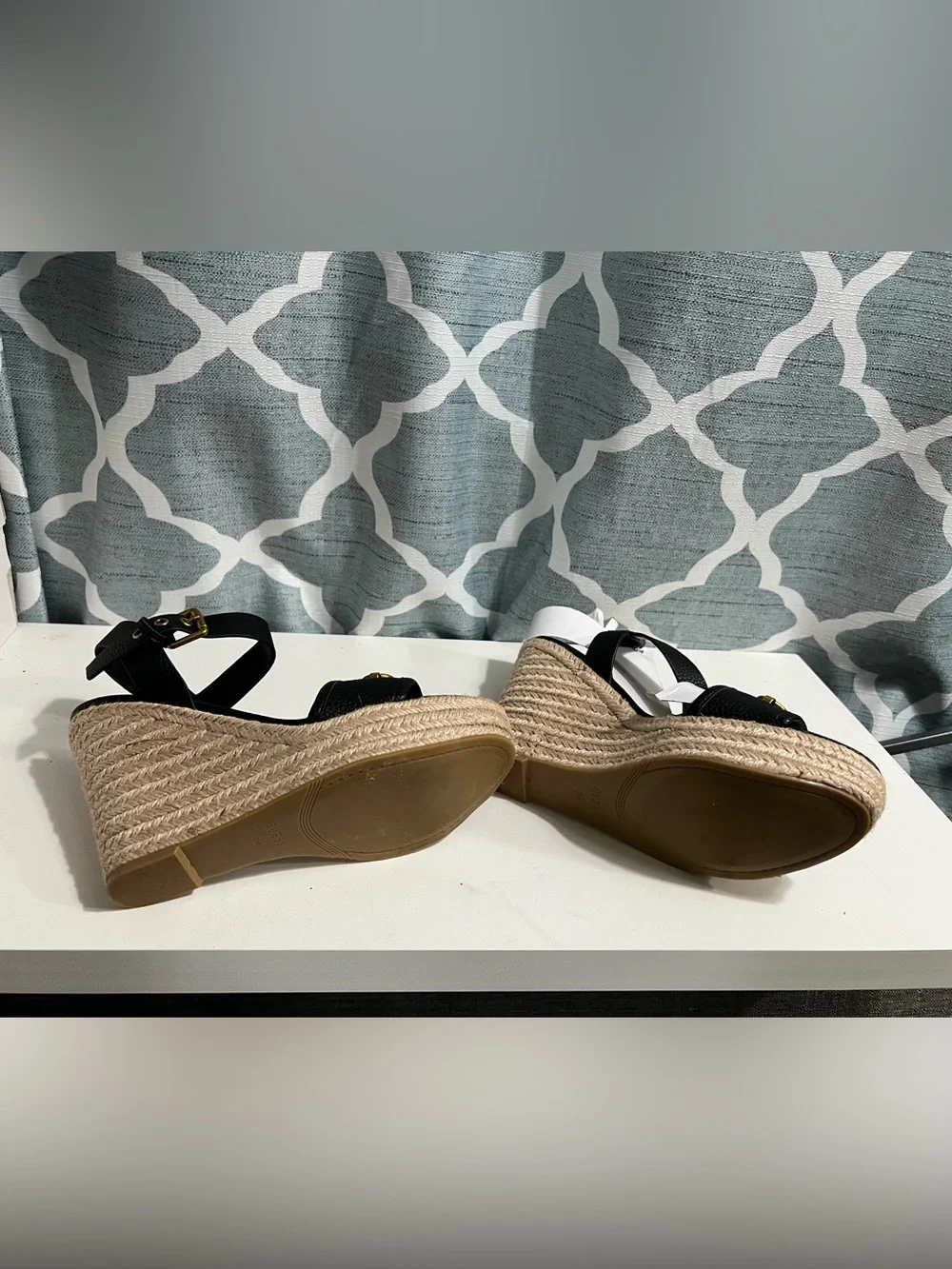 Guess Black Espadrille Wedge Sandals with Gold G Logo